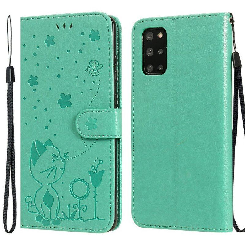 Etui Folio do Samsung Galaxy S20 Plus / S20 Plus 5G z Łańcuch Kot I Pszczoła Z Smyczą