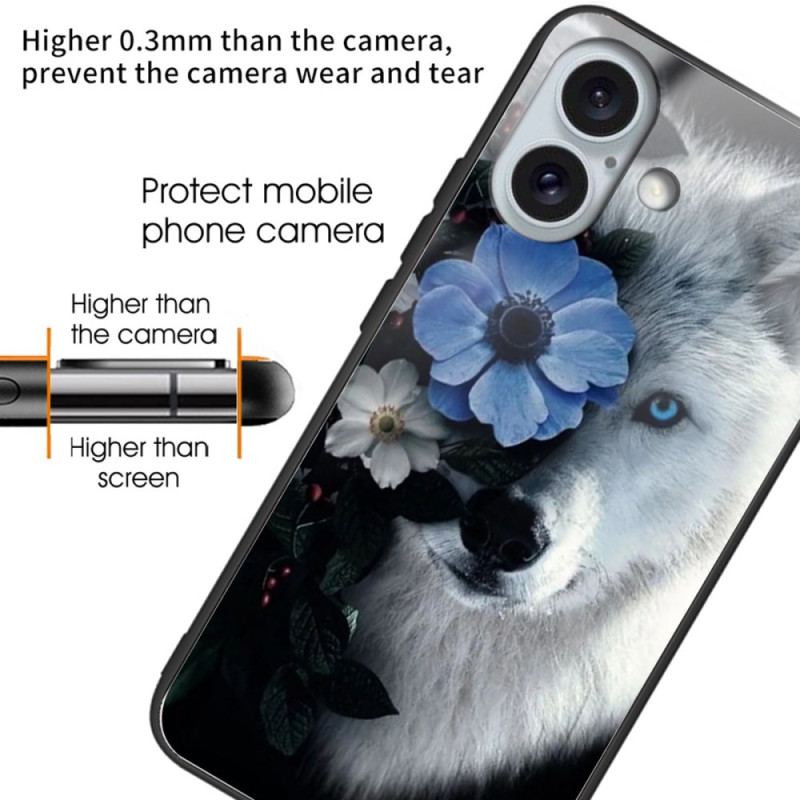 Futerały iPhone 16 Plus Etui Na Telefon Szkło Hartowane Z Wilkiem I Niebieskim Kwiatem