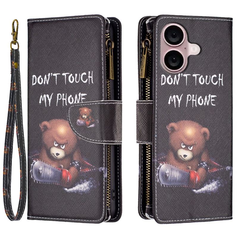 Obudowa iPhone 16 Plus Etui Na Telefon Portfel Niebezpiecznego Niedźwiedzia Z Paskiem
