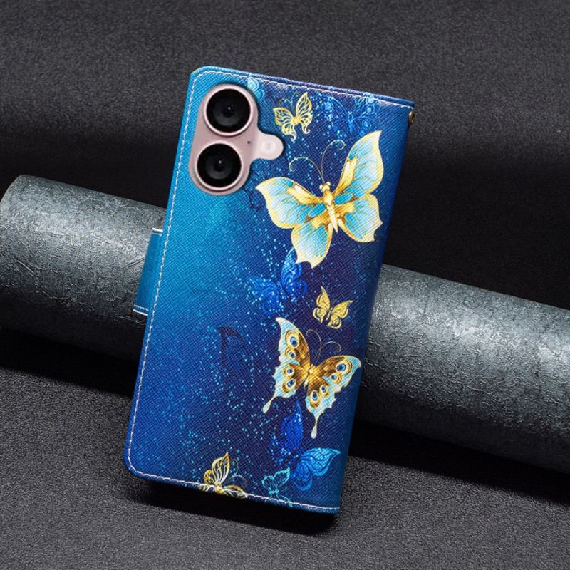 Skórzany Futerał iPhone 16 Plus Etui Na Telefon Portfel W Złote Motyle Z Paskiem