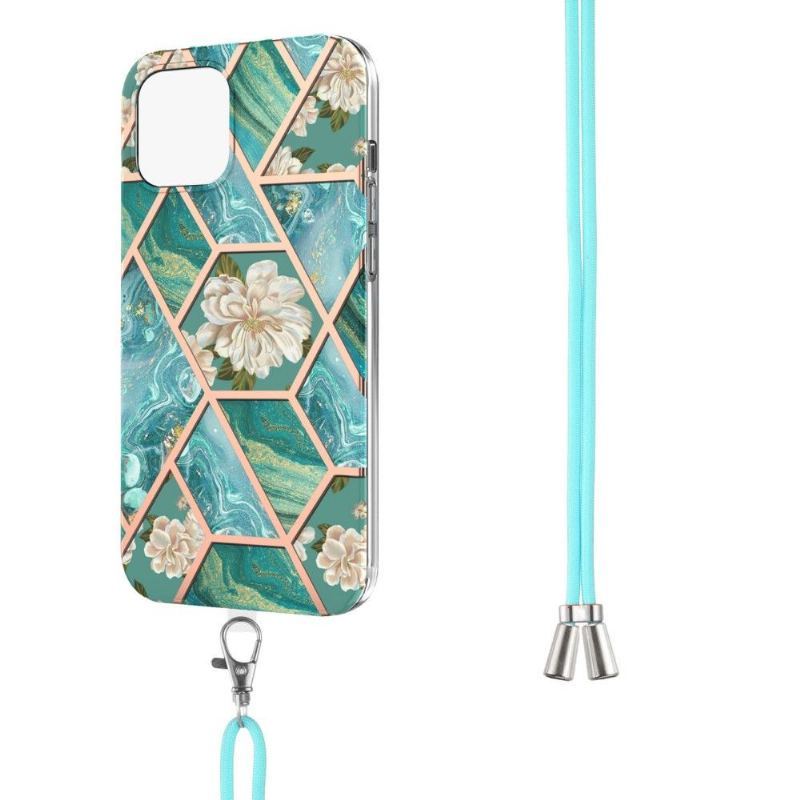 Etui do iPhone 13 Pro Biznes ze Sznurkiem Marmur I Białe Kwiaty