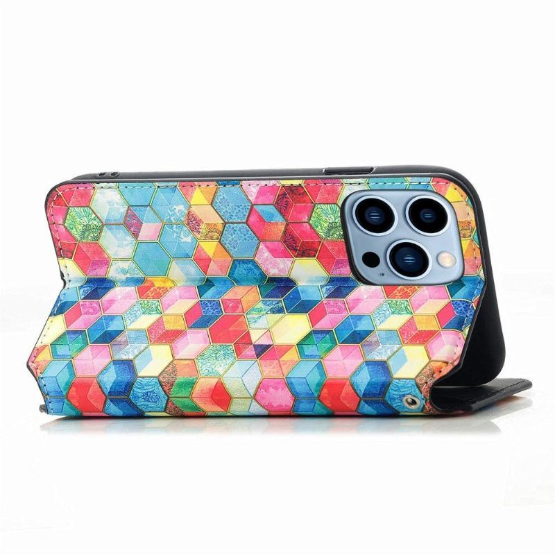 Etui Folio do iPhone 13 Pro Classic Skórzany Futerał Rabat Odwróć Kolorowe Kostki