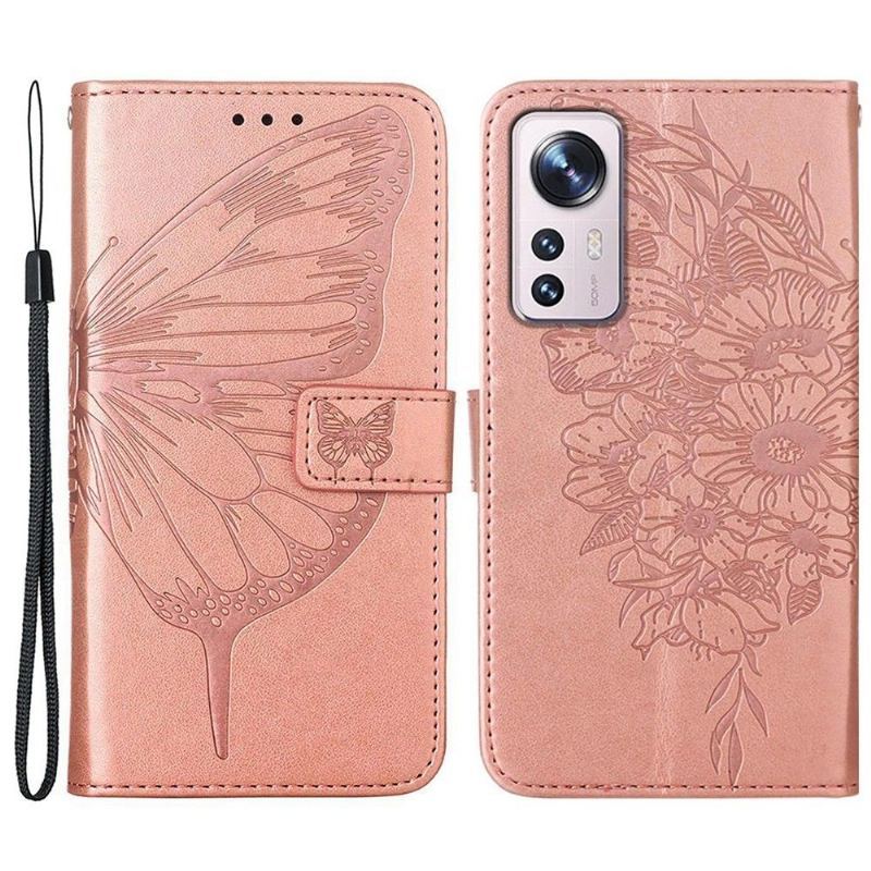 Skórzany Futerał do Xiaomi 12 Pro Butterfly Flower Posiadacz Karty